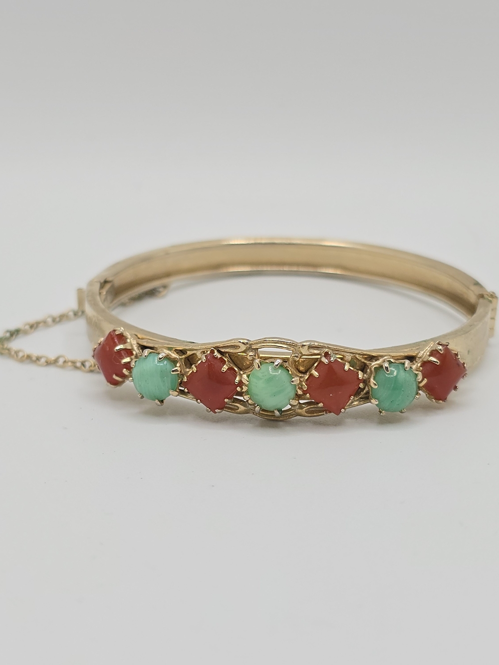 Vintage Red Green Stone Hinged Bangle Bracelet Gold Tone Safety Chain 6.50" MCM